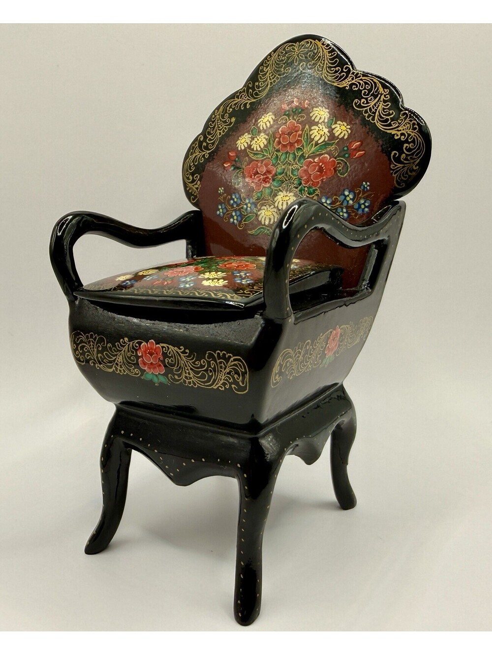 Russian Mstyora Lacquer Miniature Chair Hand Painted Floral Folk Art